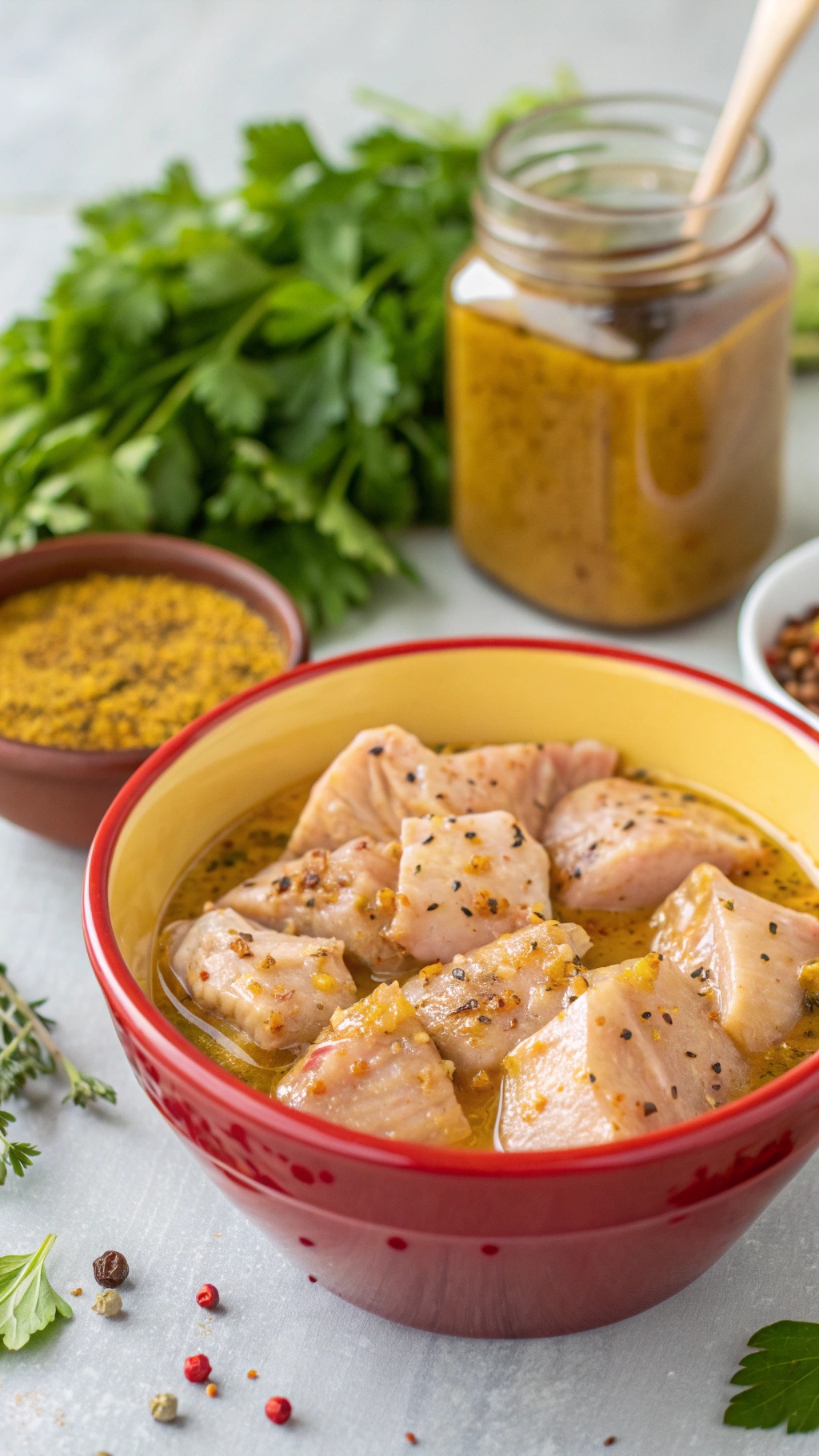 A bowl of chicken marinated in a tangy mustard marinade with herbs and spices, surrounded by fresh cilantro and spices.