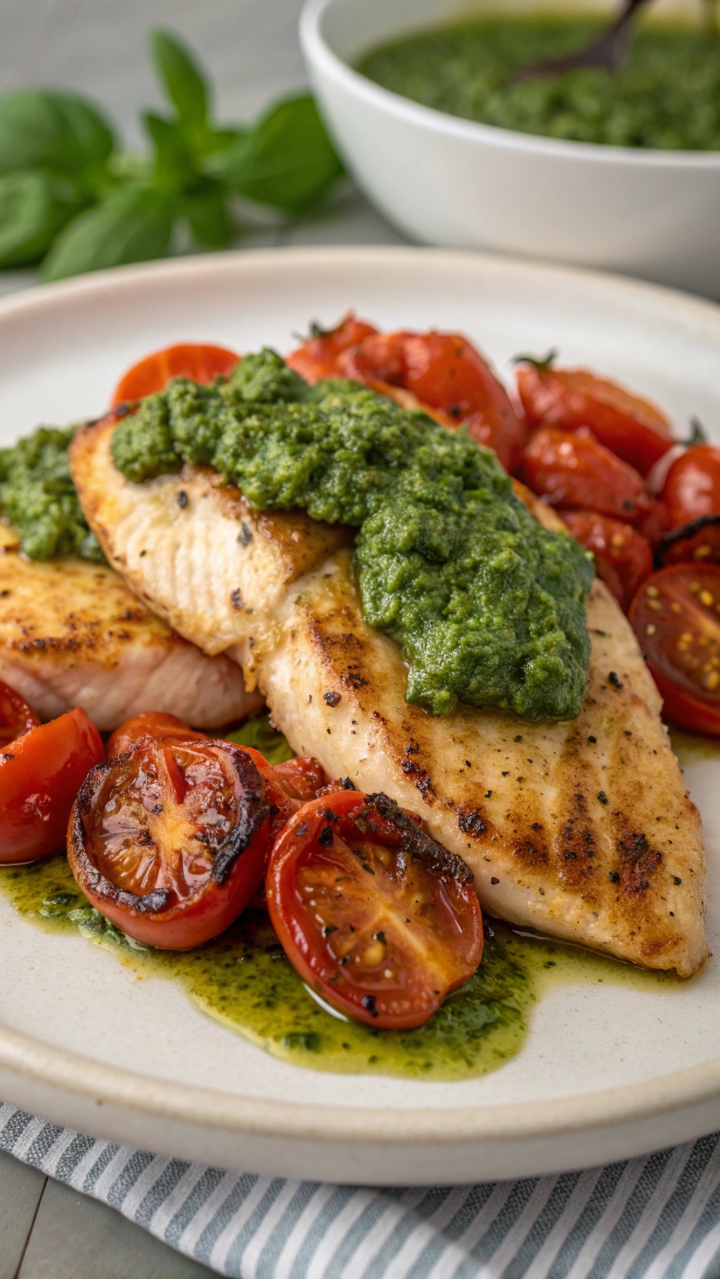 Air fryer chicken breast topped with pesto and served with roasted cherry tomatoes.