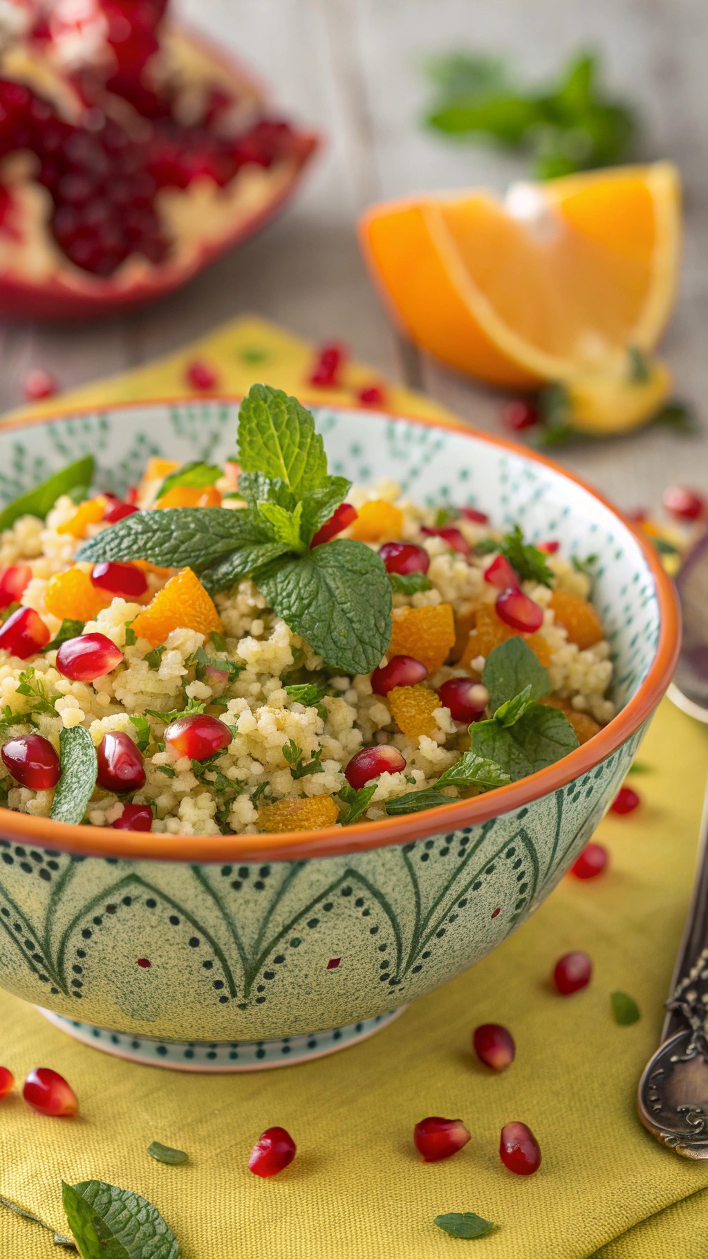 A colorful quinoa salad with pomegranate seeds, orange pieces, and fresh mint in a decorative bowl.