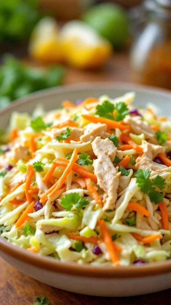A vibrant bowl of tangy rotisserie chicken and cabbage slaw topped with cilantro.