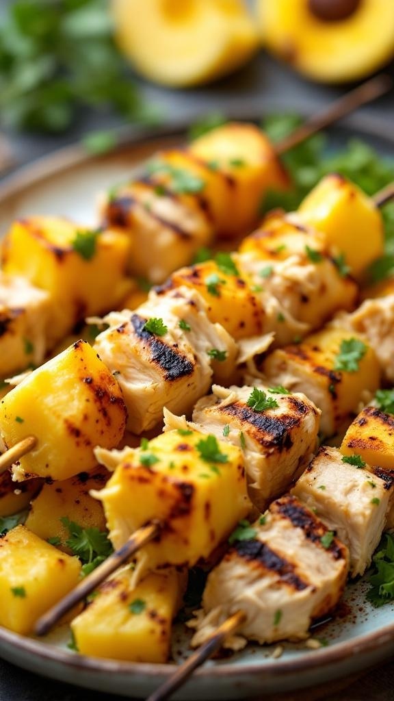 Tangy Rotisserie Chicken and Pineapple Skewers on a plate, garnished with herbs.