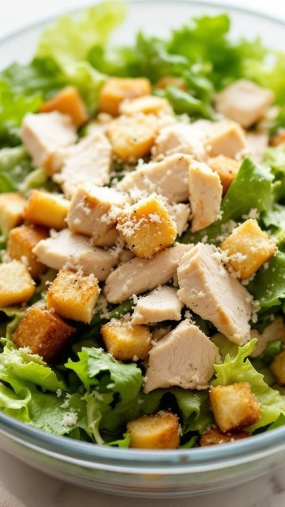 A bowl of Tangy Rotisserie Chicken Caesar Salad with lettuce, chicken, croutons, and Parmesan cheese.