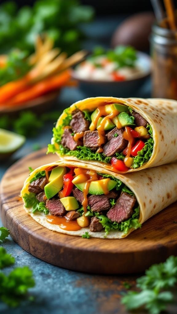 Two tangy steak and avocado wraps filled with lettuce, peppers, and corn, served on a wooden board.