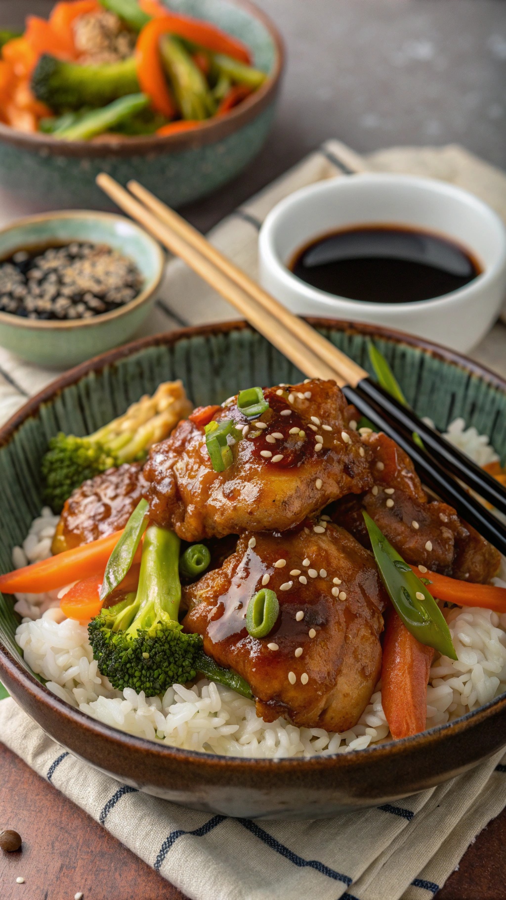 Tangy Teriyaki Chicken Thighs served with rice and vegetables