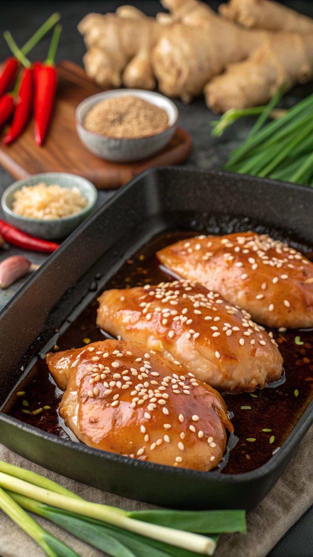 Air fryer chicken breast marinated in teriyaki sauce with ginger, garlic, and sesame seeds
