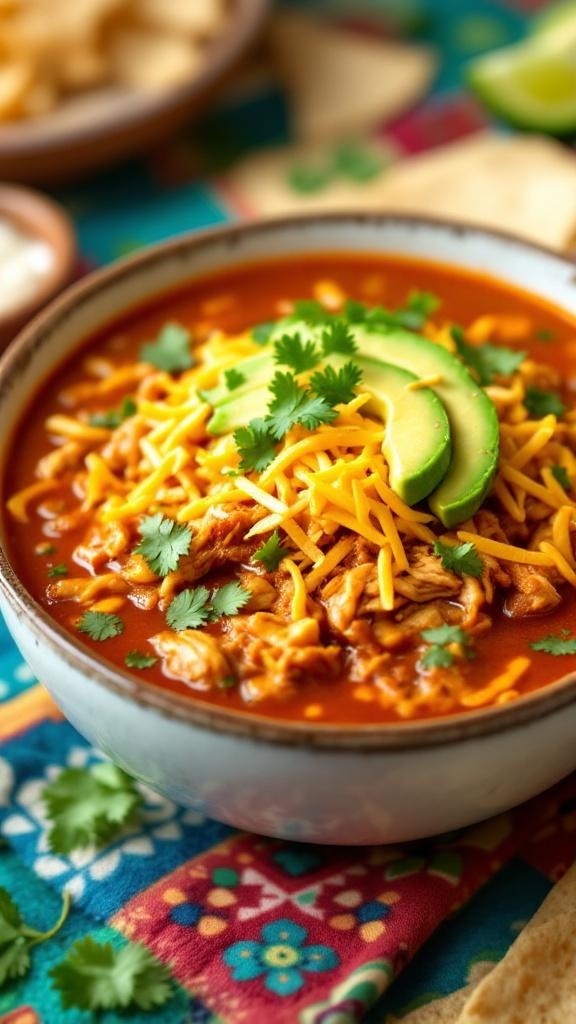 A bowl of Chicken Enchilada Soup topped with avocado, cheese, and cilantro on a colorful tablecloth.