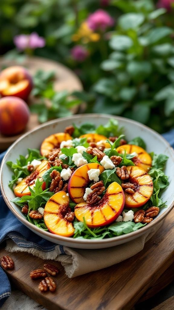 A vibrant grilled peach salad with arugula, feta cheese, and toasted pecans, garnished with balsamic glaze.