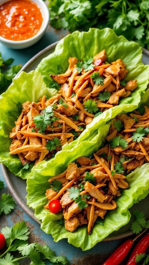Thai chicken lettuce wraps with chicken, carrots, and cilantro in lettuce leaves
