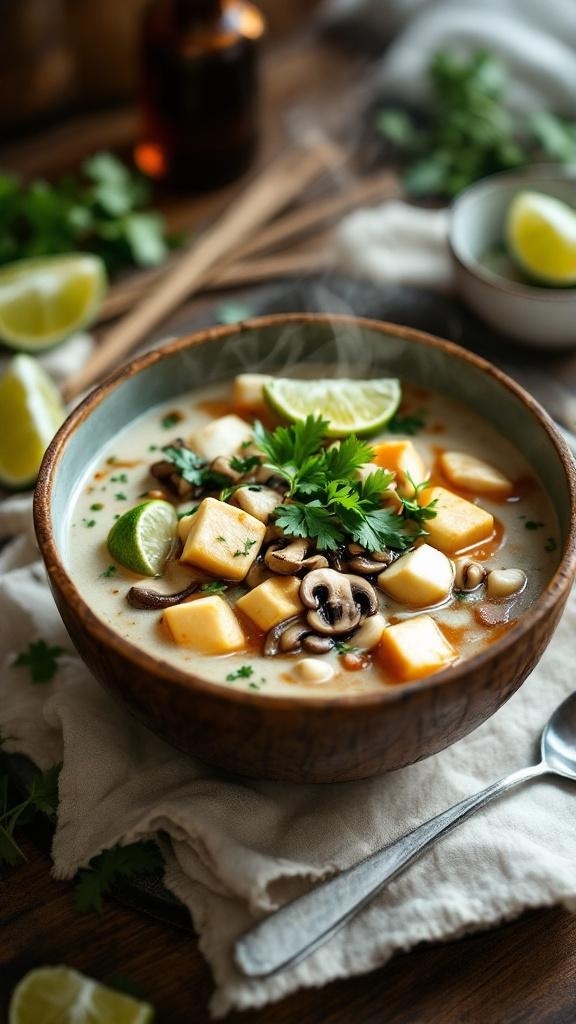 A bowl of Thai coconut soup with tofu, garnished with lime and cilantro.