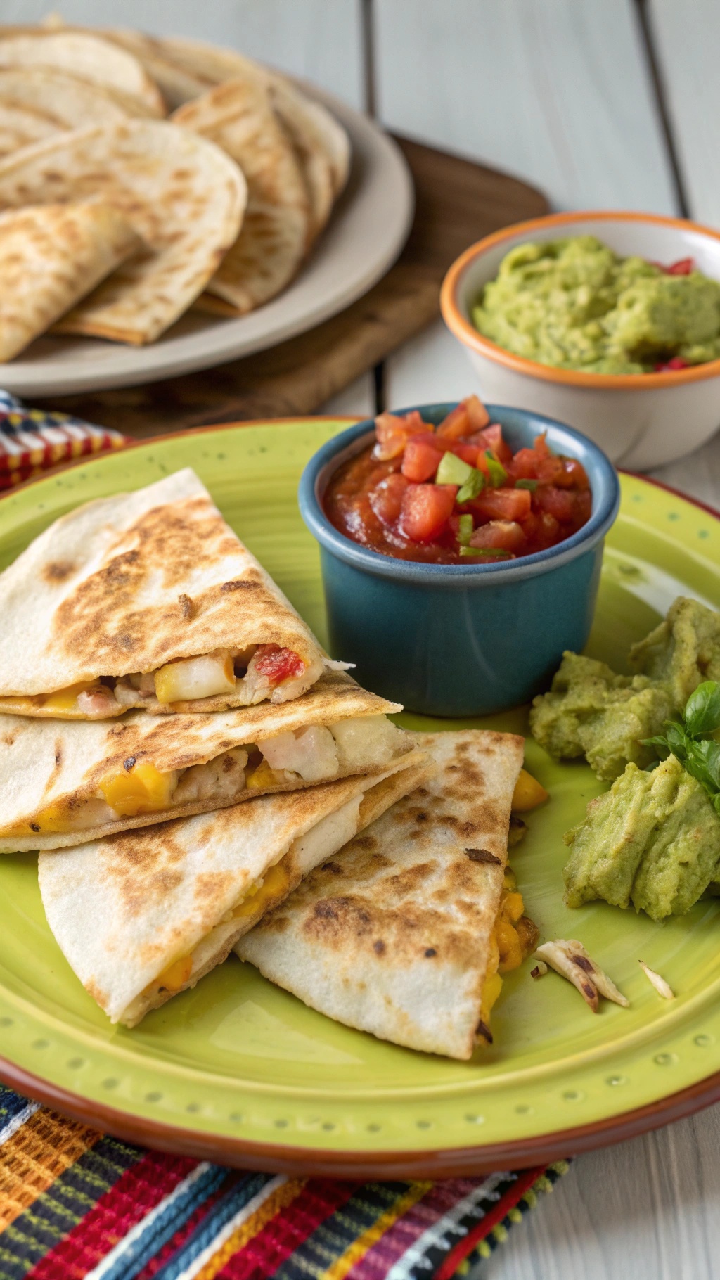 Air fryer chicken quesadillas served with salsa and guacamole