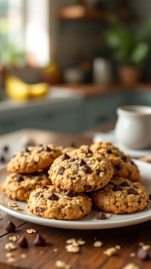 A plate of banana oatmeal cookies with chocolate chips, surrounded by oats and a cozy kitchen setting.