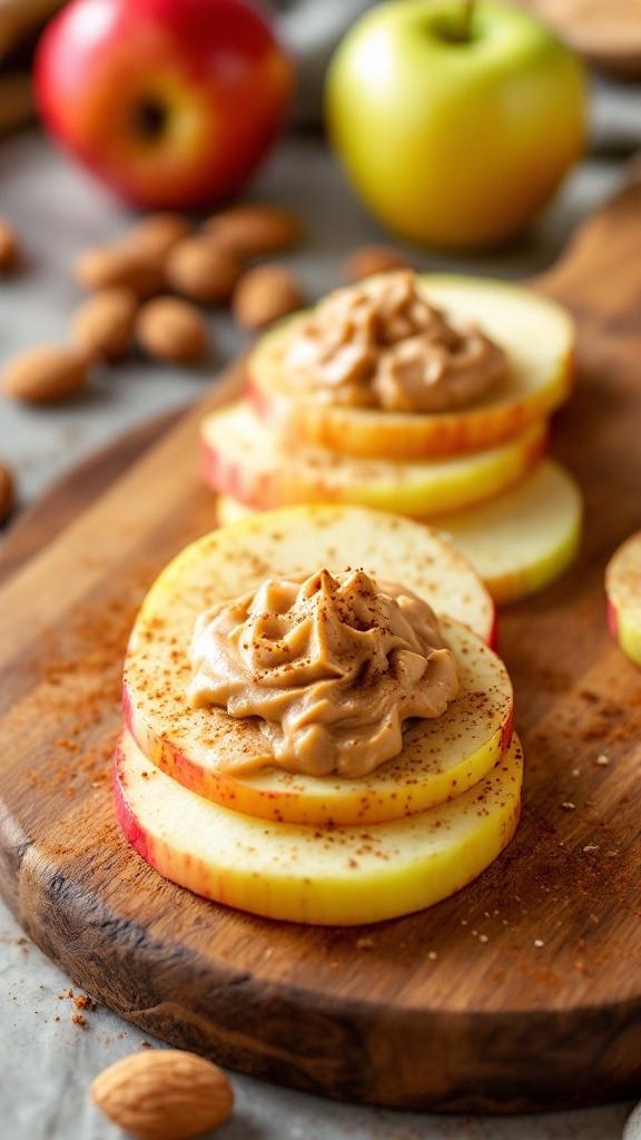 Apple slices topped with almond butter and sprinkled with cinnamon on a wooden board.