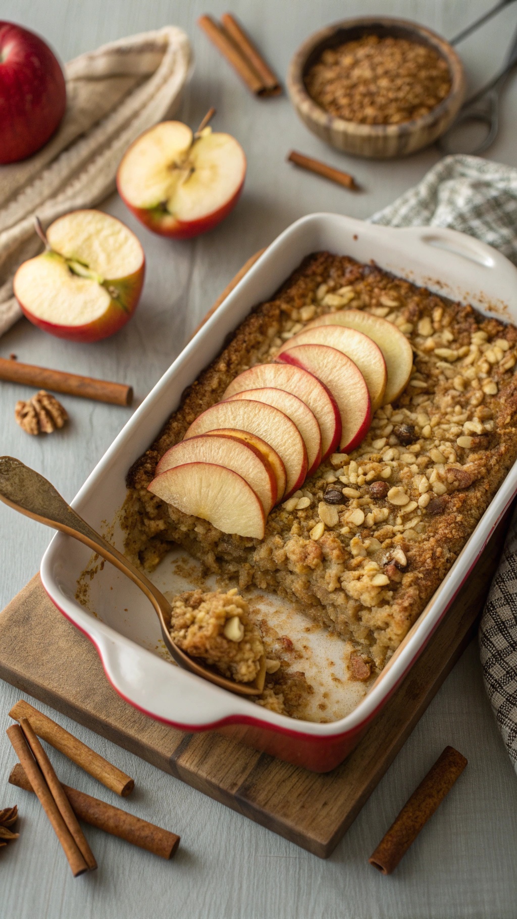 Baked oatmeal with apples and cinnamon, topped with apple slices and surrounded by cinnamon sticks and walnuts.