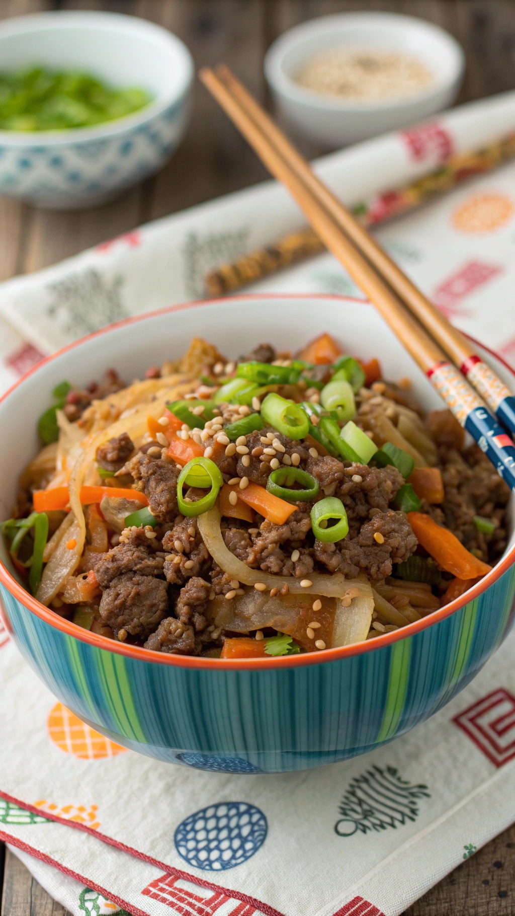A colorful bowl of Beef Egg Roll In A Bowl with ground beef, vegetables, and sesame seeds.
