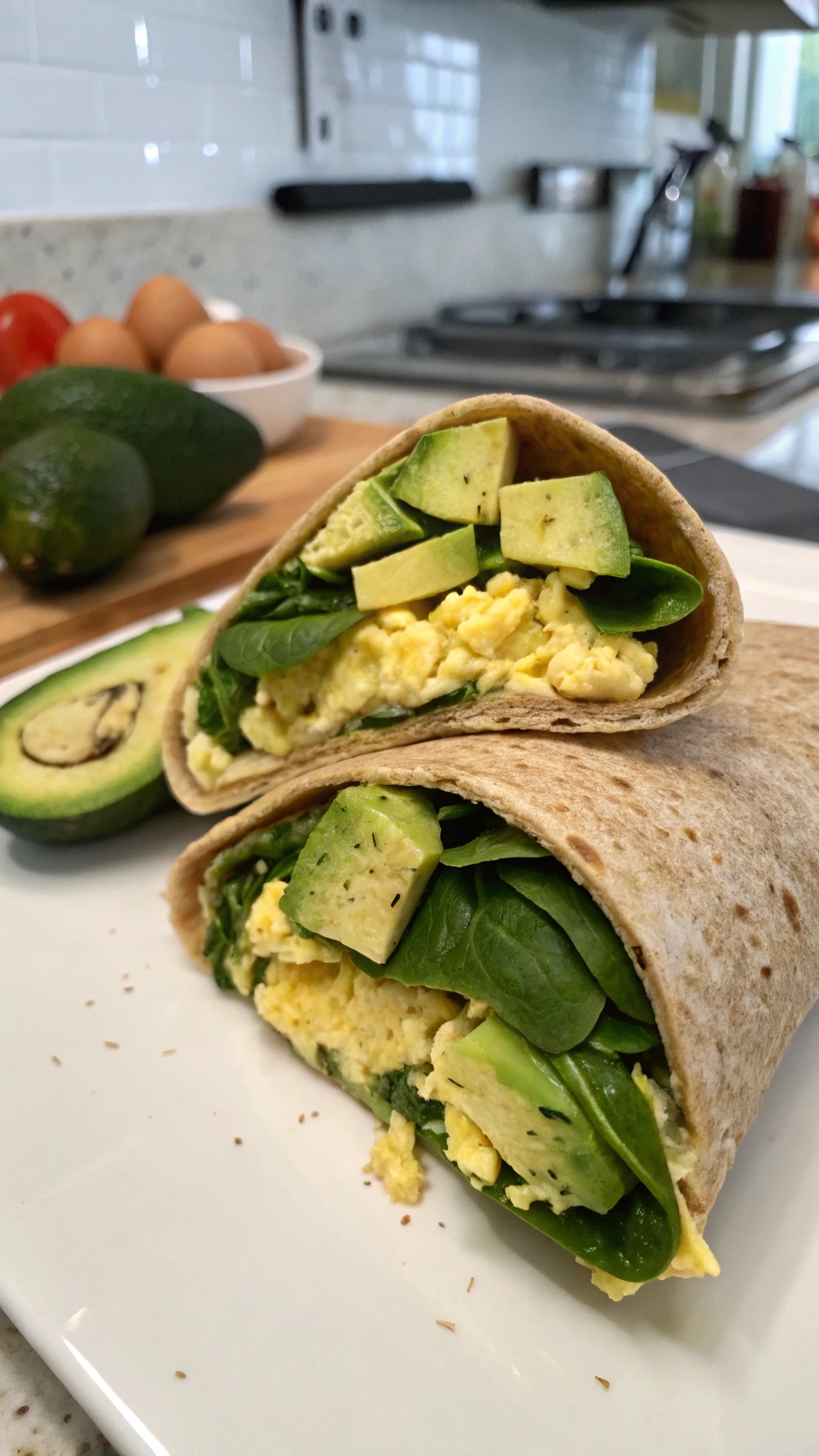 Egg and avocado breakfast wraps with spinach on a plate