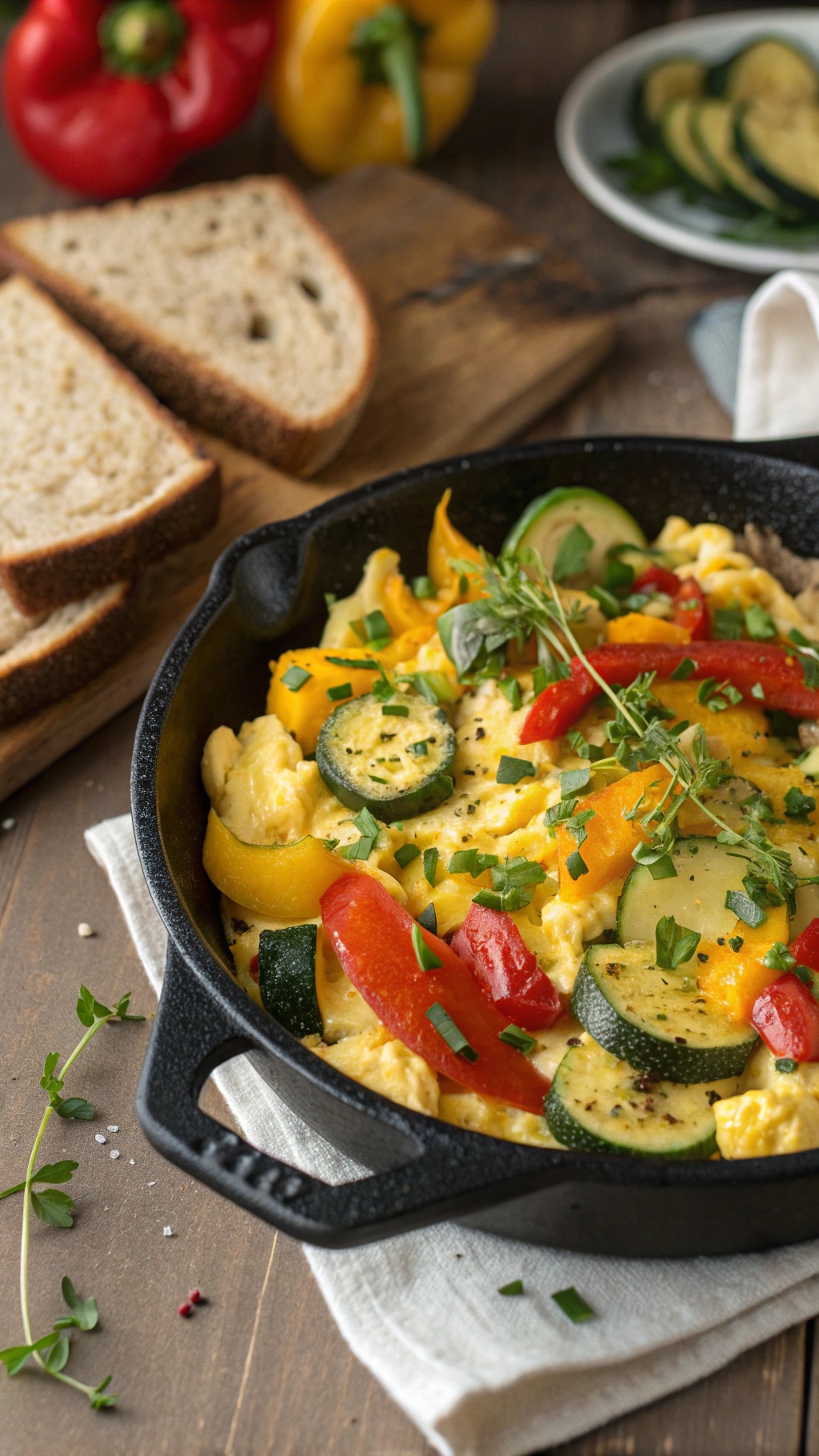 A colorful egg and vegetable breakfast skillet with bell peppers and zucchini, served with slices of whole-grain bread.