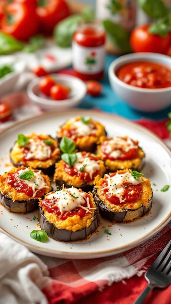 A plate of eggplant parmesan bites topped with marinara sauce and cheese, garnished with basil.