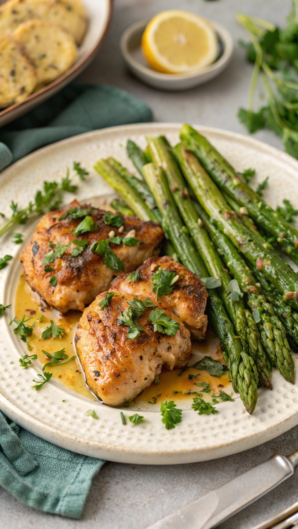 Garlic butter chicken thighs with asparagus on a plate, garnished with parsley.