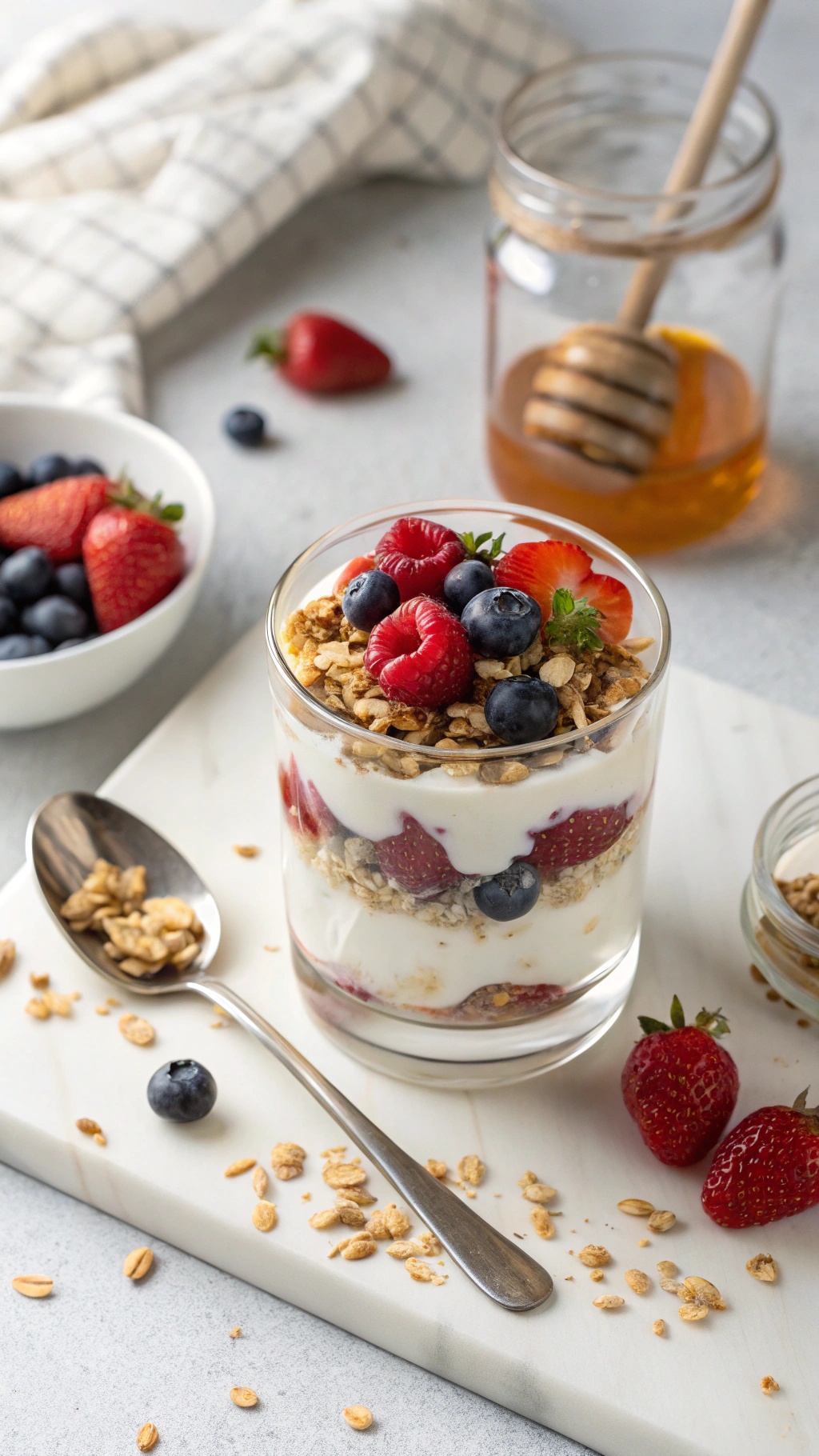 A delicious Greek yogurt parfait layered with berries and granola in a glass.