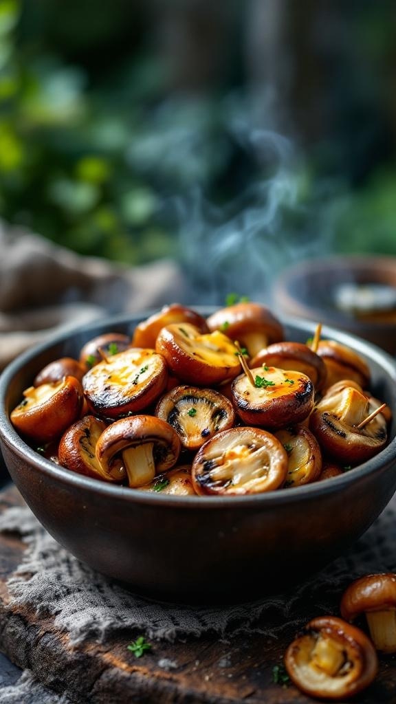 A bowl of grilled garlic mushrooms, steaming and garnished with parsley.