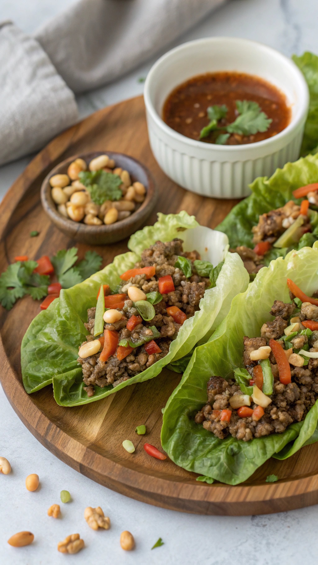 Ground beef lettuce wraps with colorful vegetables and peanuts on a wooden plate