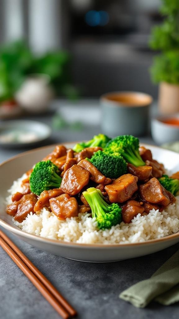 A plate of beef and broccoli served over rice, garnished with green broccoli florets.