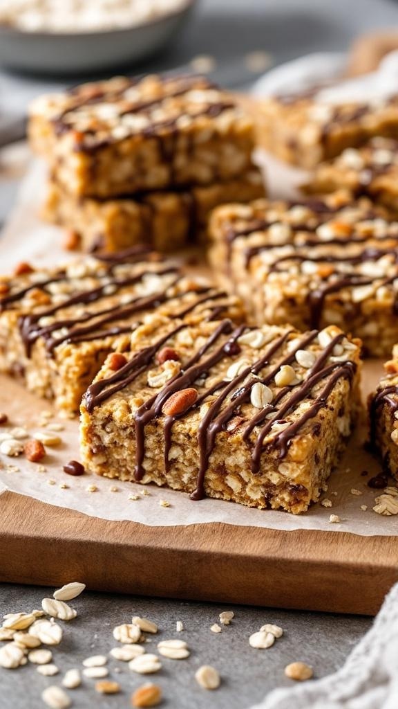 Oatmeal protein bars drizzled with chocolate, displayed on a wooden board.
