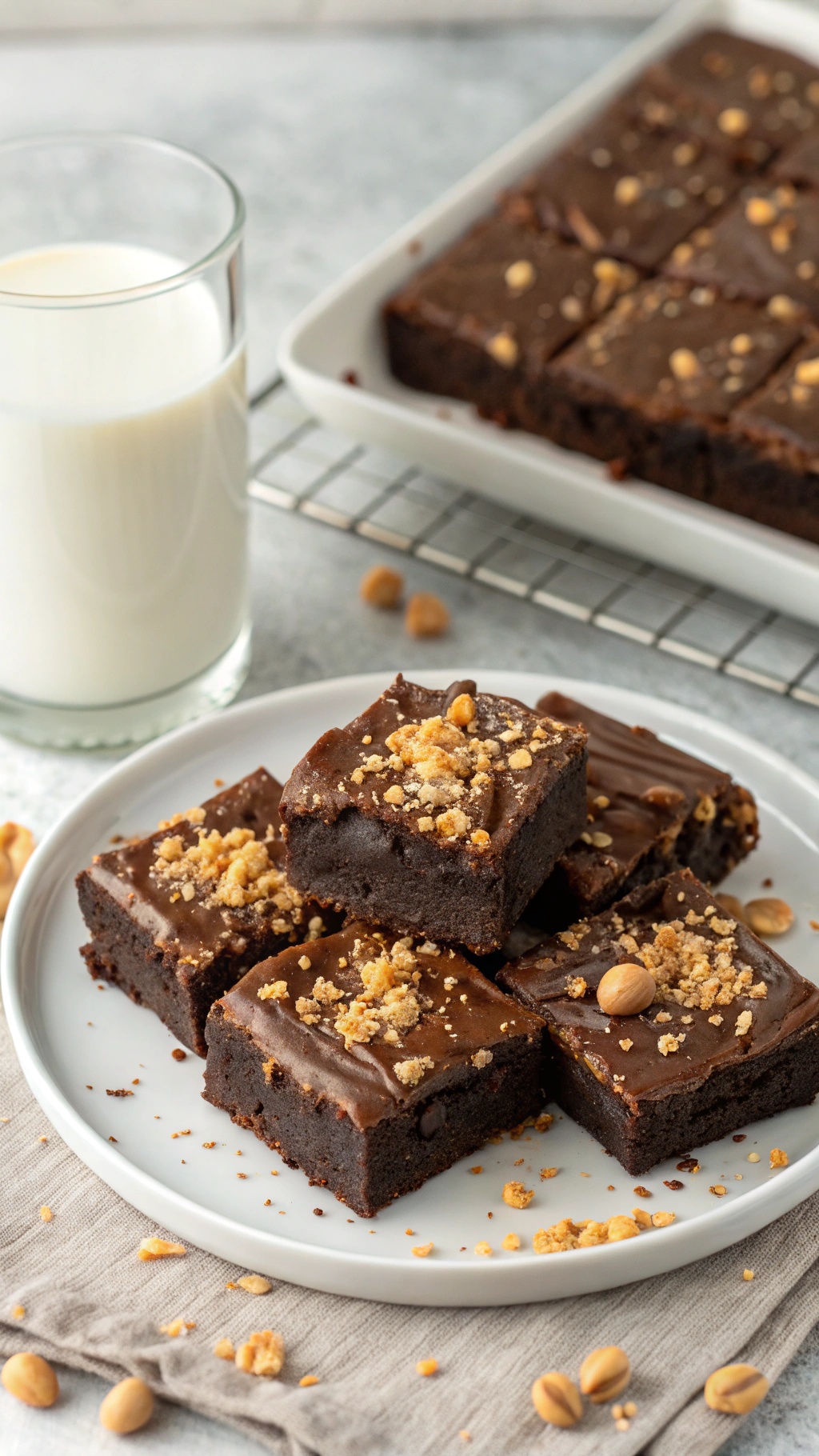 Peanut butter protein brownies on a plate with a glass of milk