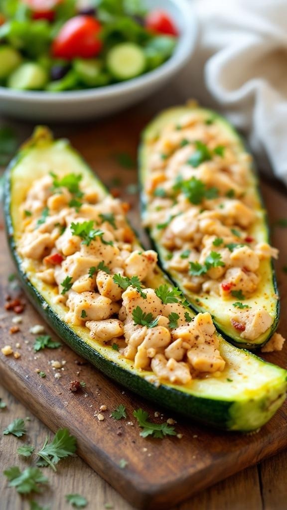 Zucchini boats filled with shredded rotisserie chicken and garnished with parsley, served on a wooden board.