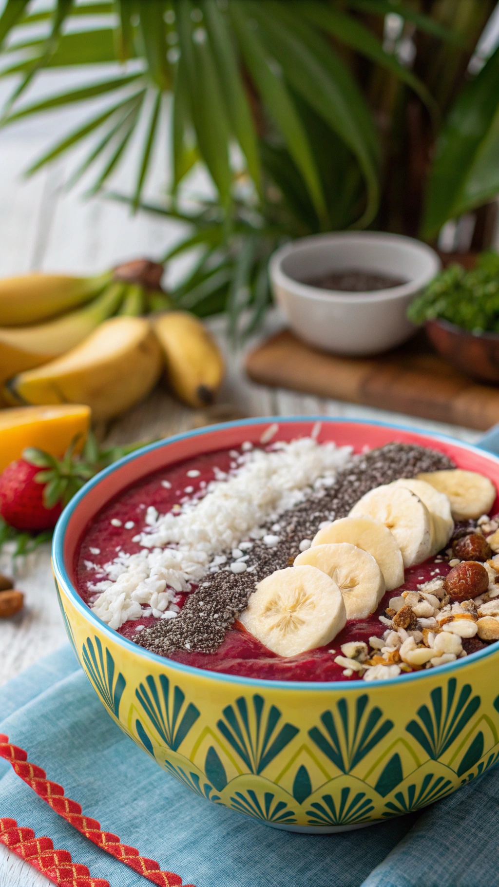 A colorful smoothie bowl topped with banana slices, chia seeds, coconut flakes, and granola, surrounded by fresh fruits.