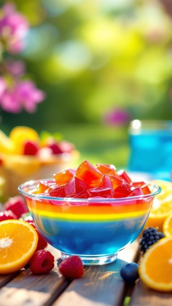 Colorful sugar-free jello in a bowl with fresh fruits around it
