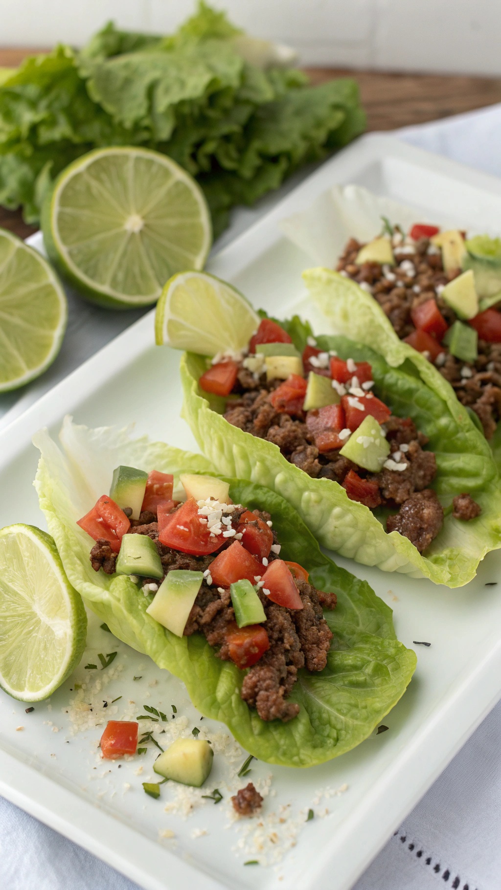 Taco lettuce wraps with ground beef, tomatoes, and cucumbers on a plate with lime wedges