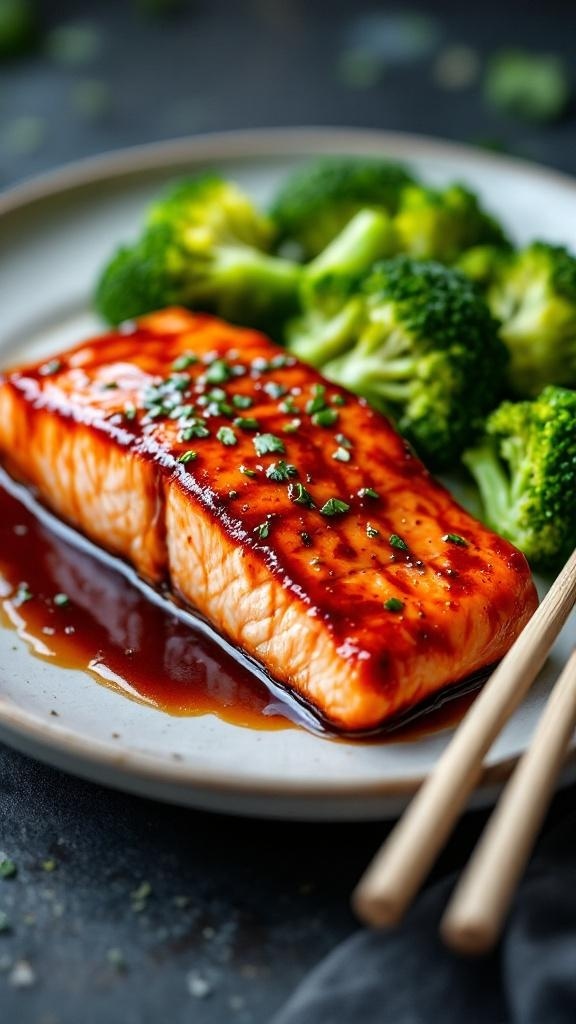 A plate of teriyaki salmon with broccoli, garnished with green onions.