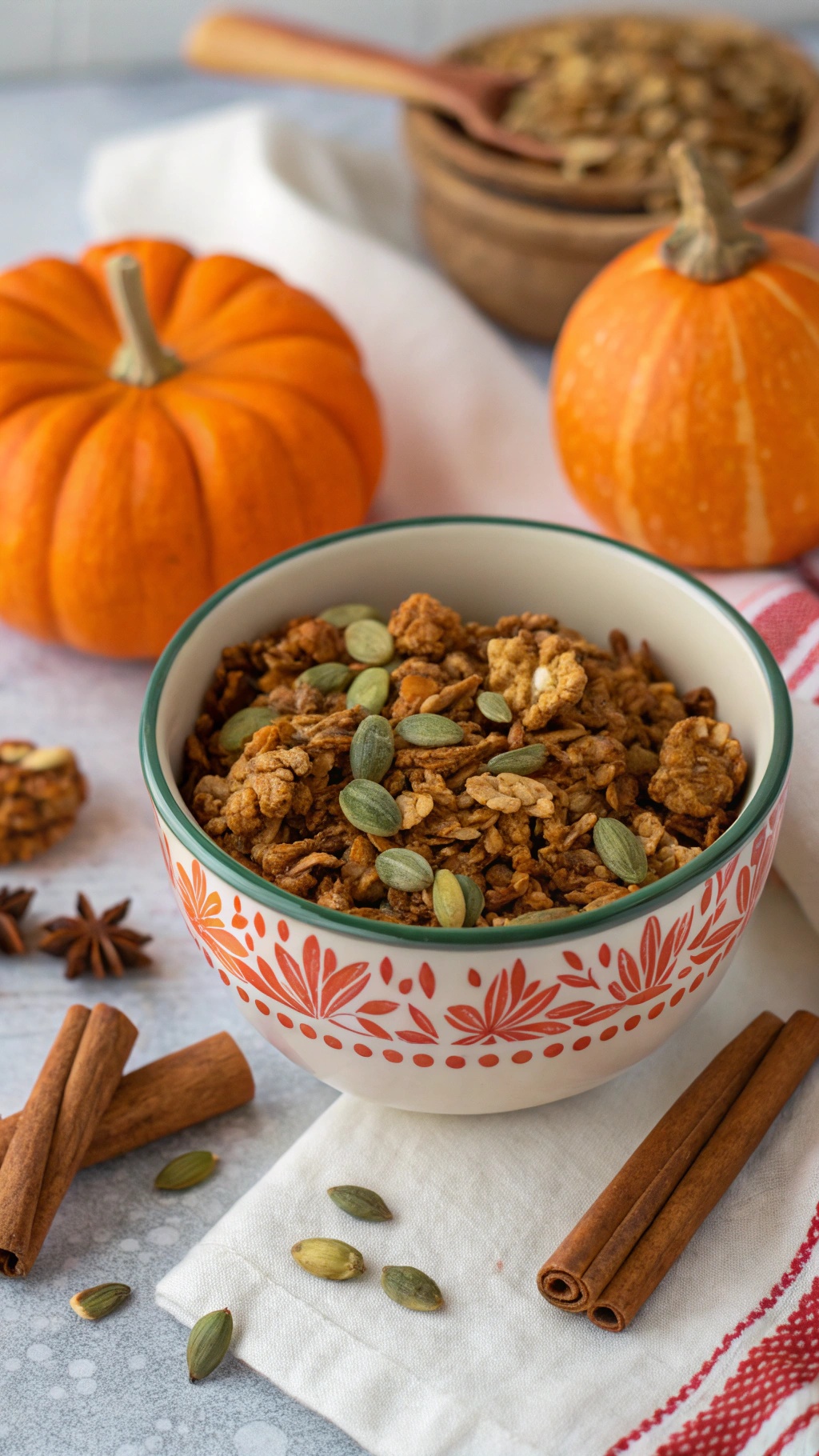 A bowl of pumpkin spice granola with pumpkins and spices around it