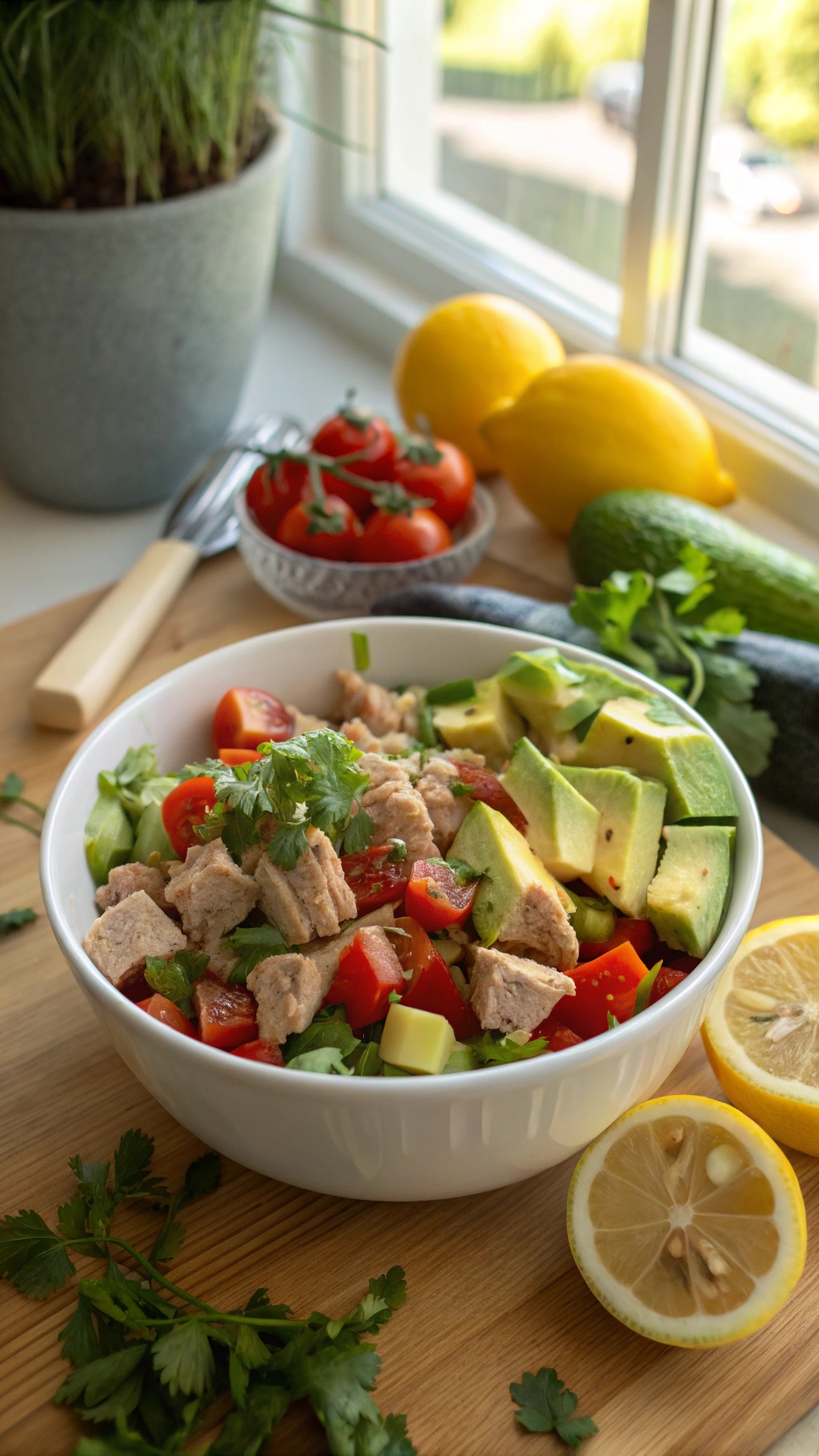 A bowl of tuna and avocado salad with fresh vegetables, garnished with cilantro, on a wooden table.