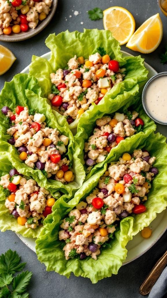 Tuna salad lettuce wraps filled with colorful vegetables and served with lemon wedges.