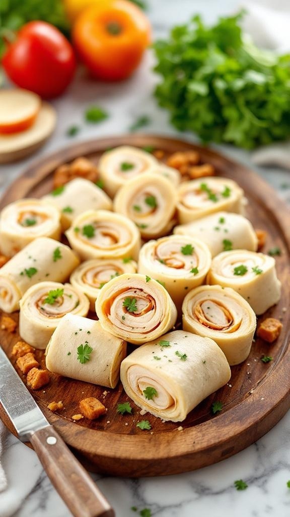 A platter of turkey and cheese roll-ups garnished with herbs, surrounded by fresh vegetables.