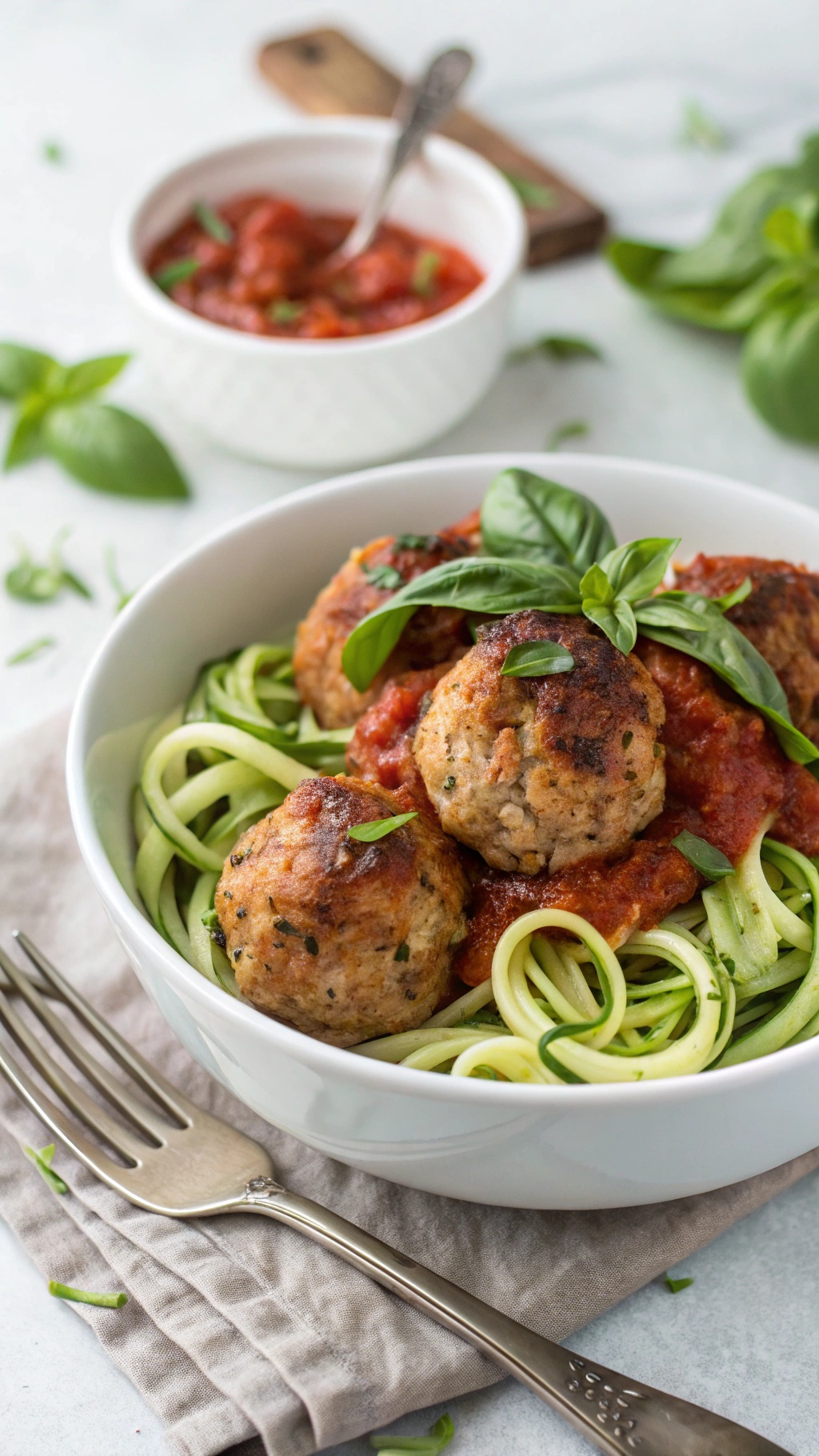 Turkey meatballs served on zoodles with marinara sauce and basil