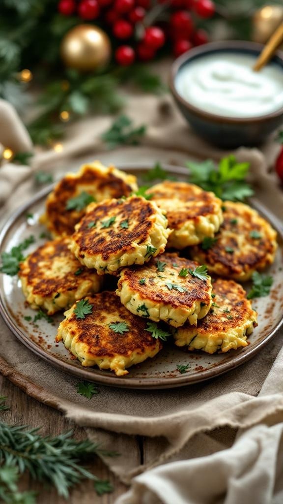 A plate of golden-brown zucchini fritters garnished with parsley, served with a bowl of yogurt sauce.