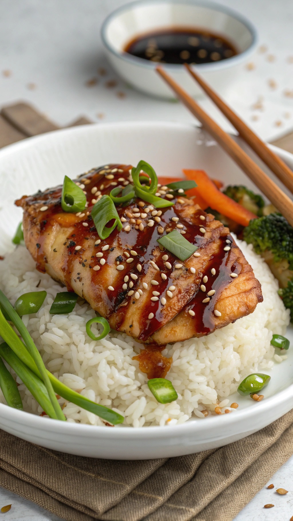 A plate of teriyaki chicken breast served over rice with vegetables, garnished with green onions and sesame seeds.