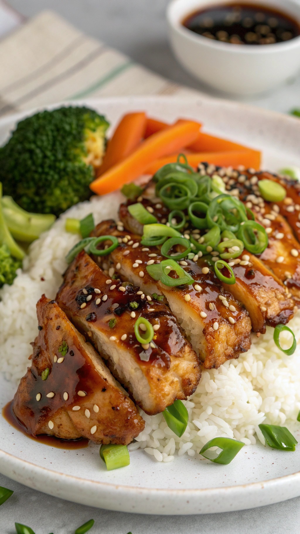 Plate of teriyaki chicken breasts with sesame seeds, served with rice and vegetables