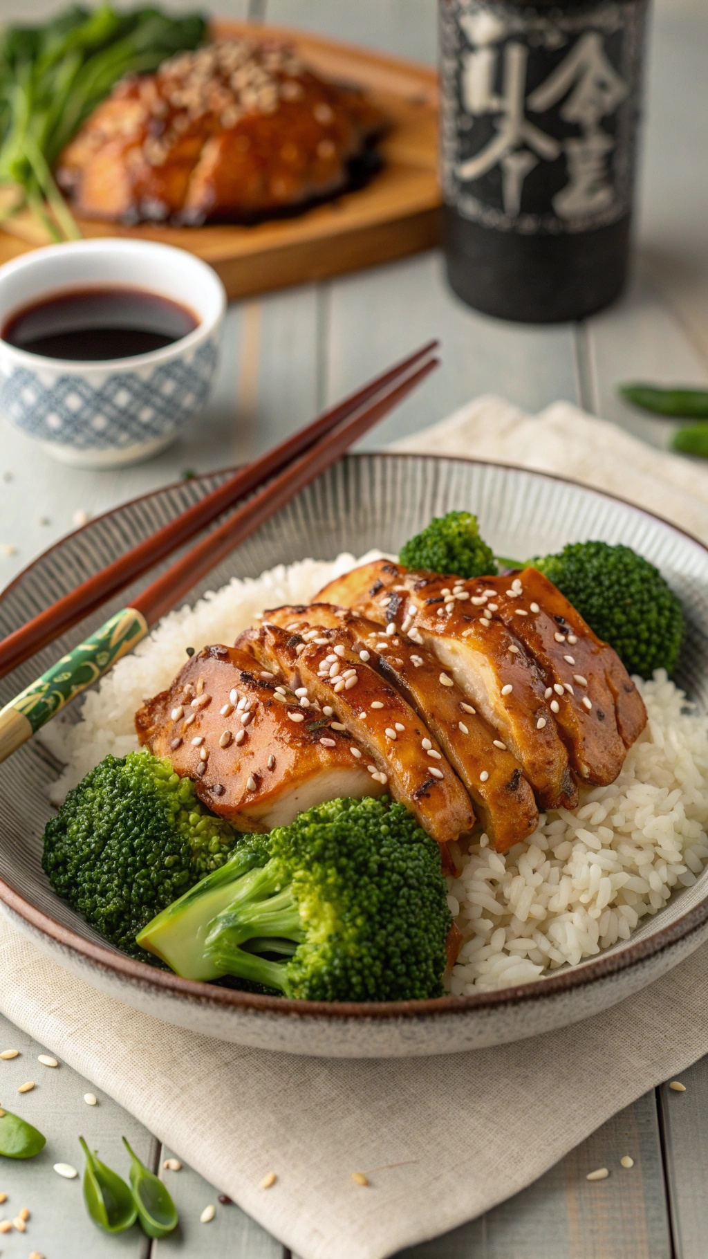 A plate of teriyaki chicken breast served with rice and broccoli, garnished with sesame seeds and green onions.