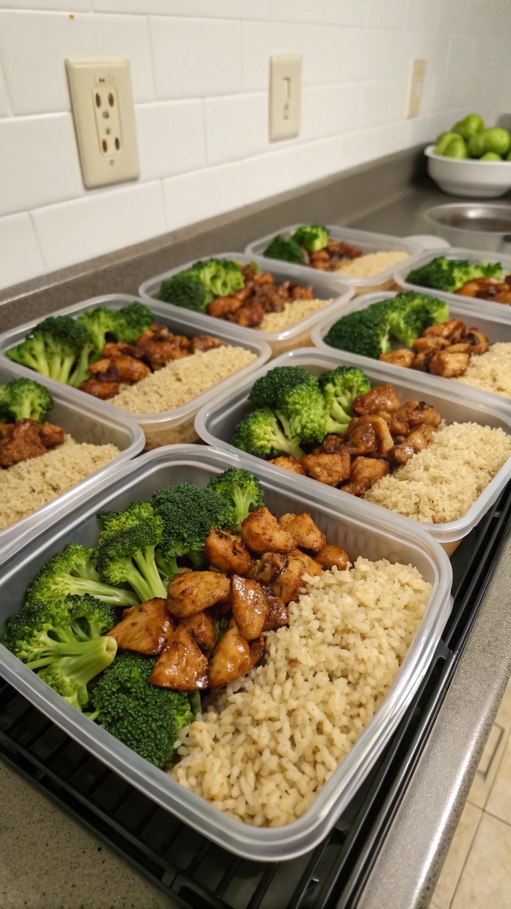 Meal prep containers filled with teriyaki chicken, rice, and broccoli