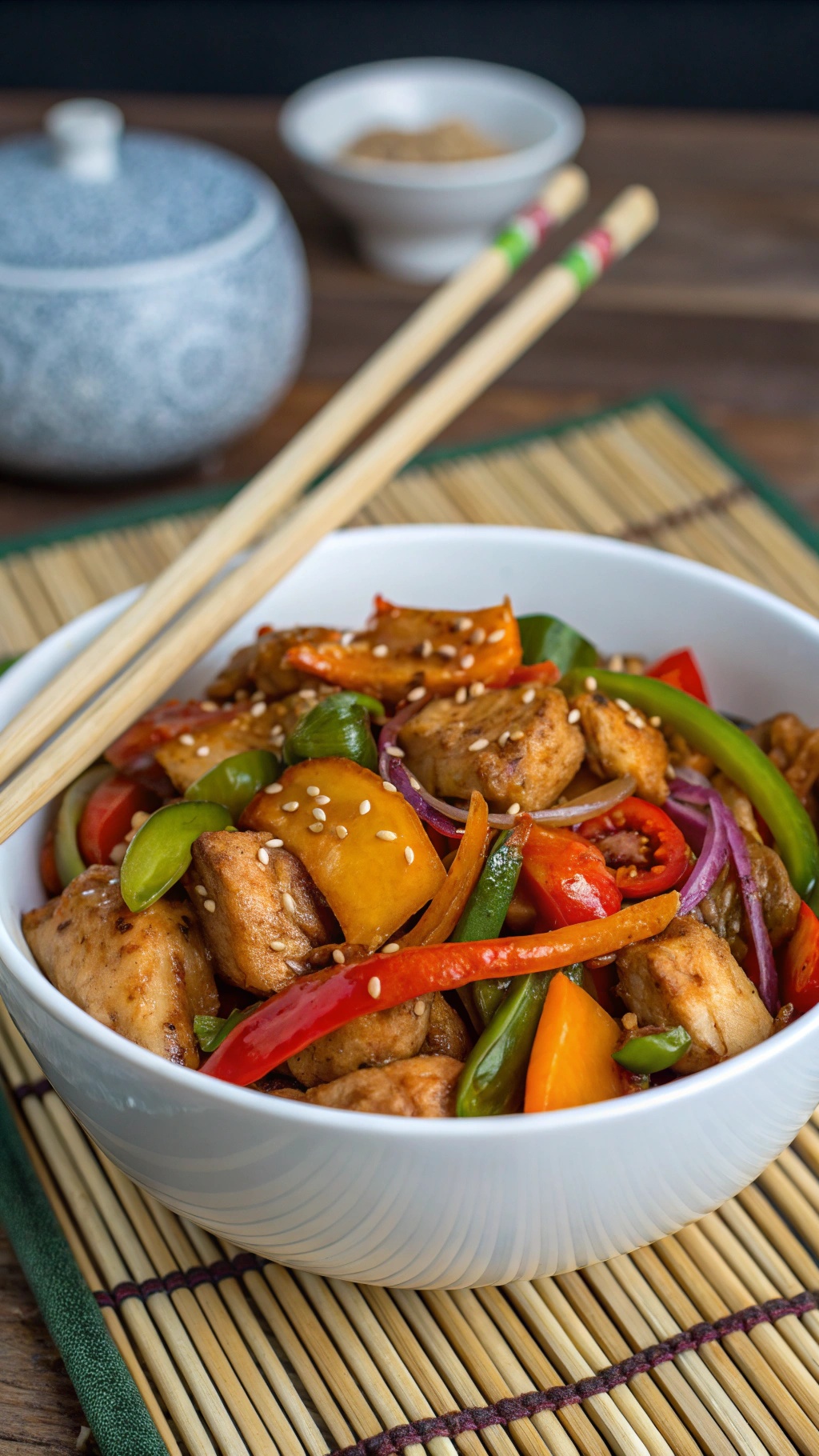 A bowl of Teriyaki Chicken Stir-Fry with colorful vegetables and sesame seeds.