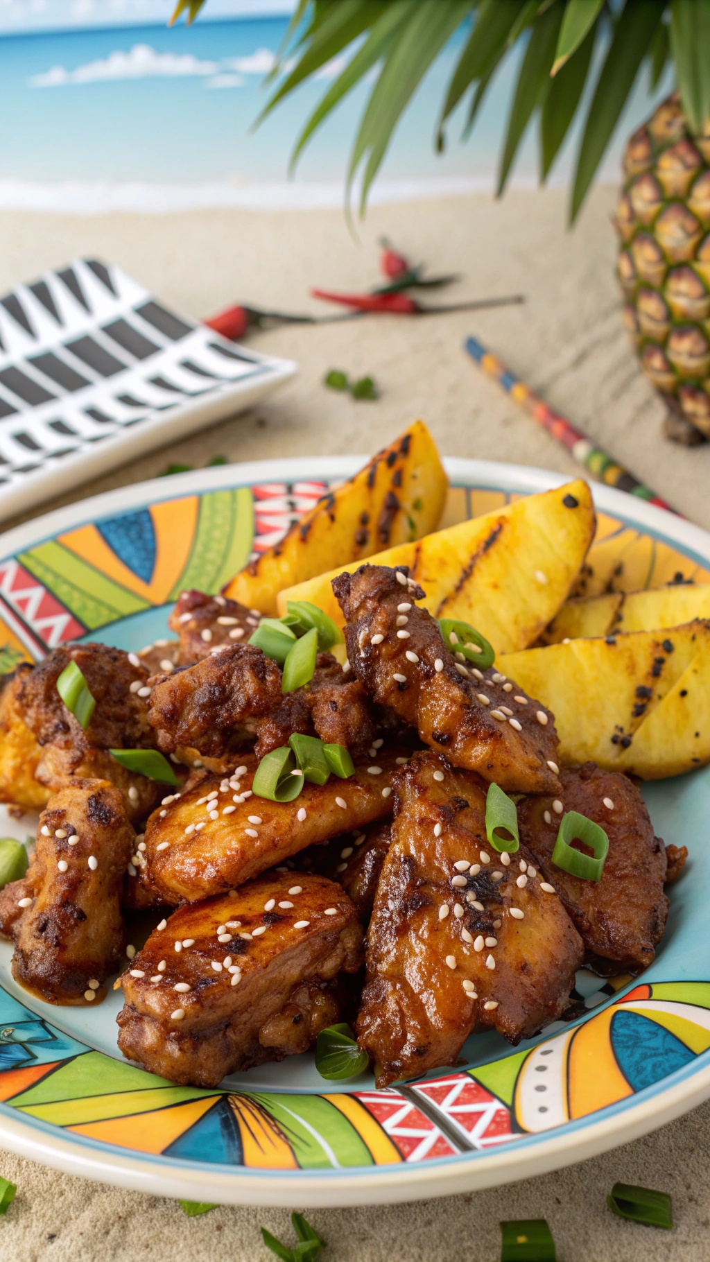 A colorful plate of teriyaki glazed chicken wings with grilled pineapple, garnished with green onions and sesame seeds.