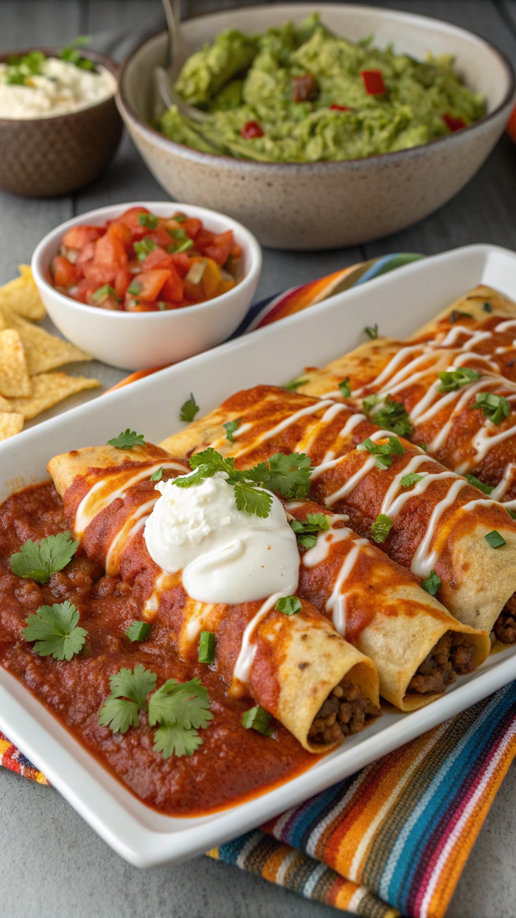 A platter of Tex-Mex beef enchiladas topped with sour cream and cilantro, served with guacamole and salsa.