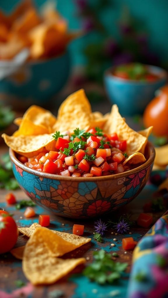 A bowl of salsa topped with diced tomatoes and herbs, surrounded by tortilla chips.