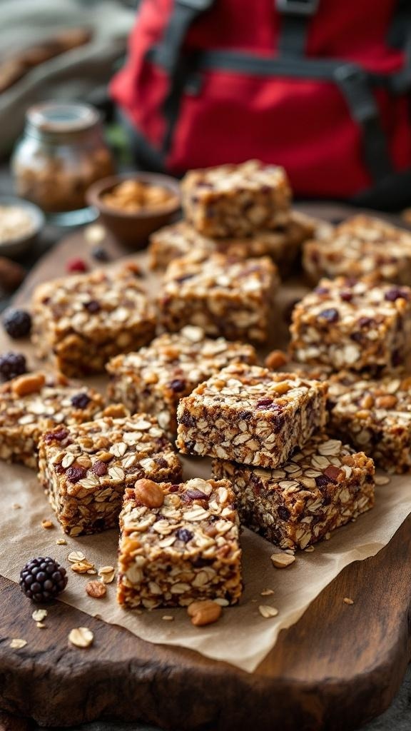 Homemade energy bars made with oats, nuts, and dried fruits, placed on a wooden board.
