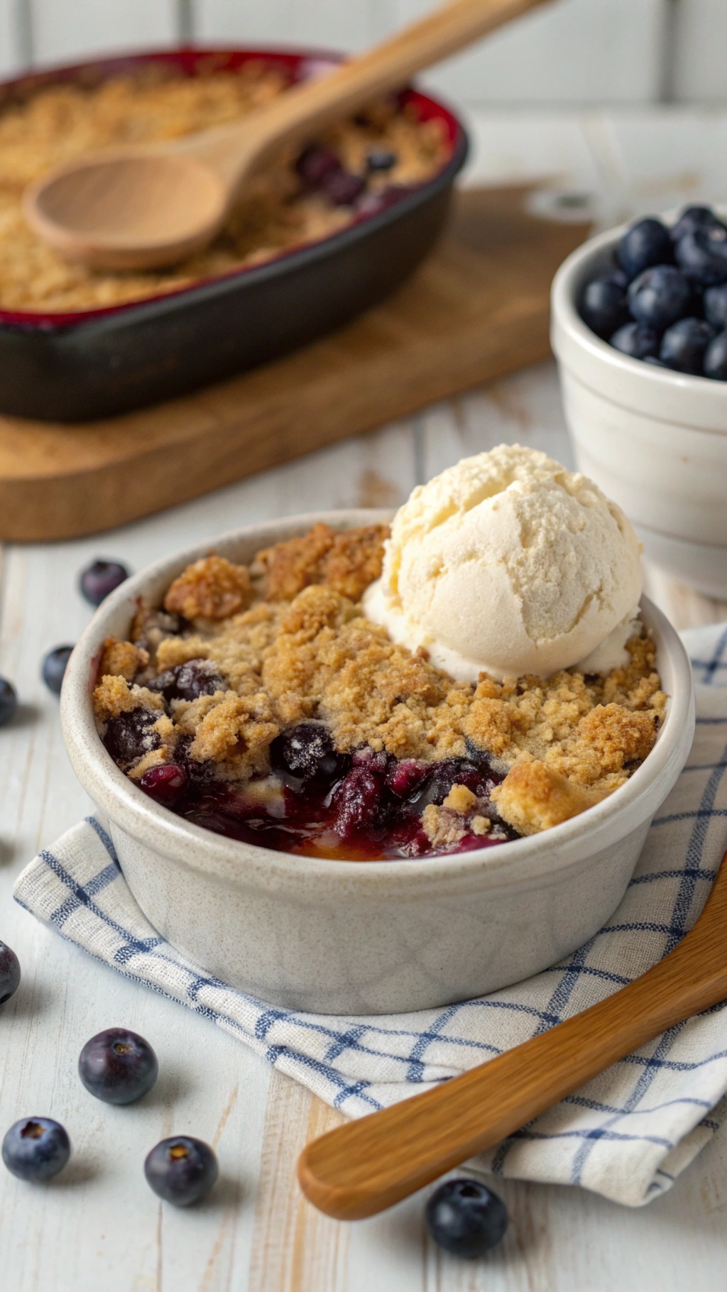 A bowl of low-sugar blueberry crumble topped with vanilla ice cream, surrounded by fresh blueberries.
