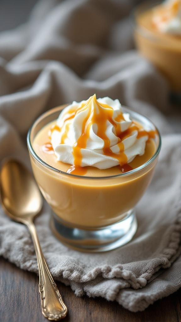 A serving of butterscotch pudding topped with whipped cream and caramel sauce.
